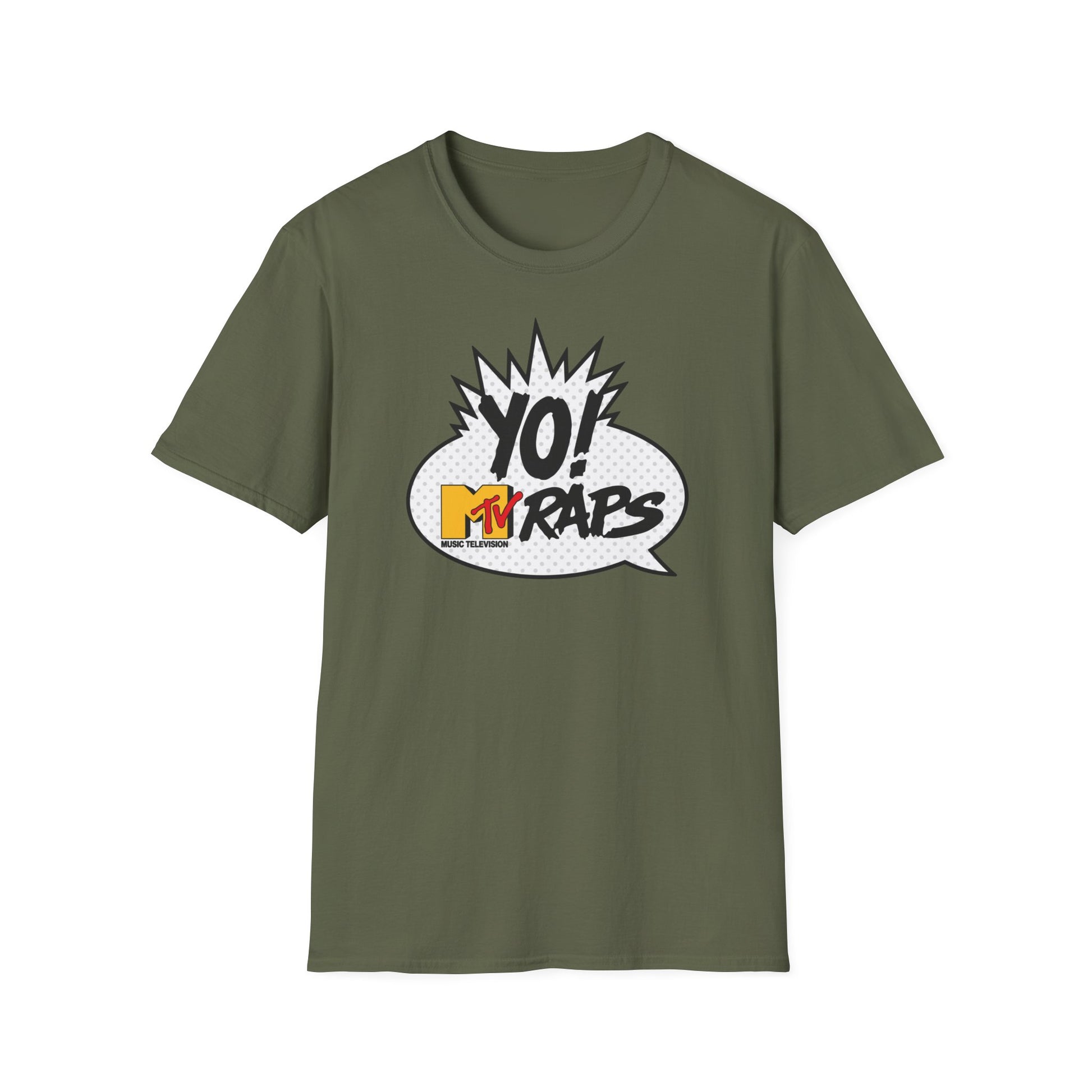 Olive green t-shirt with "YO! MTV RAPS" graphic in a comic bubble.