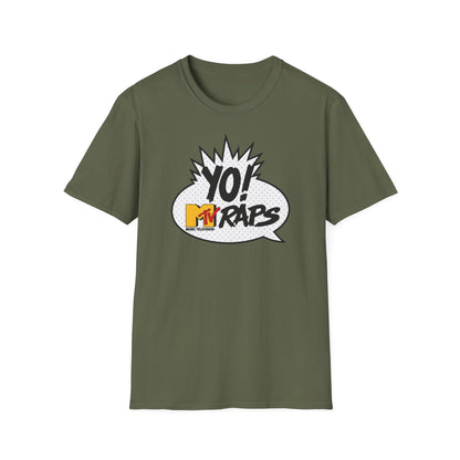 Olive green t-shirt with "YO! MTV RAPS" graphic in a comic bubble.