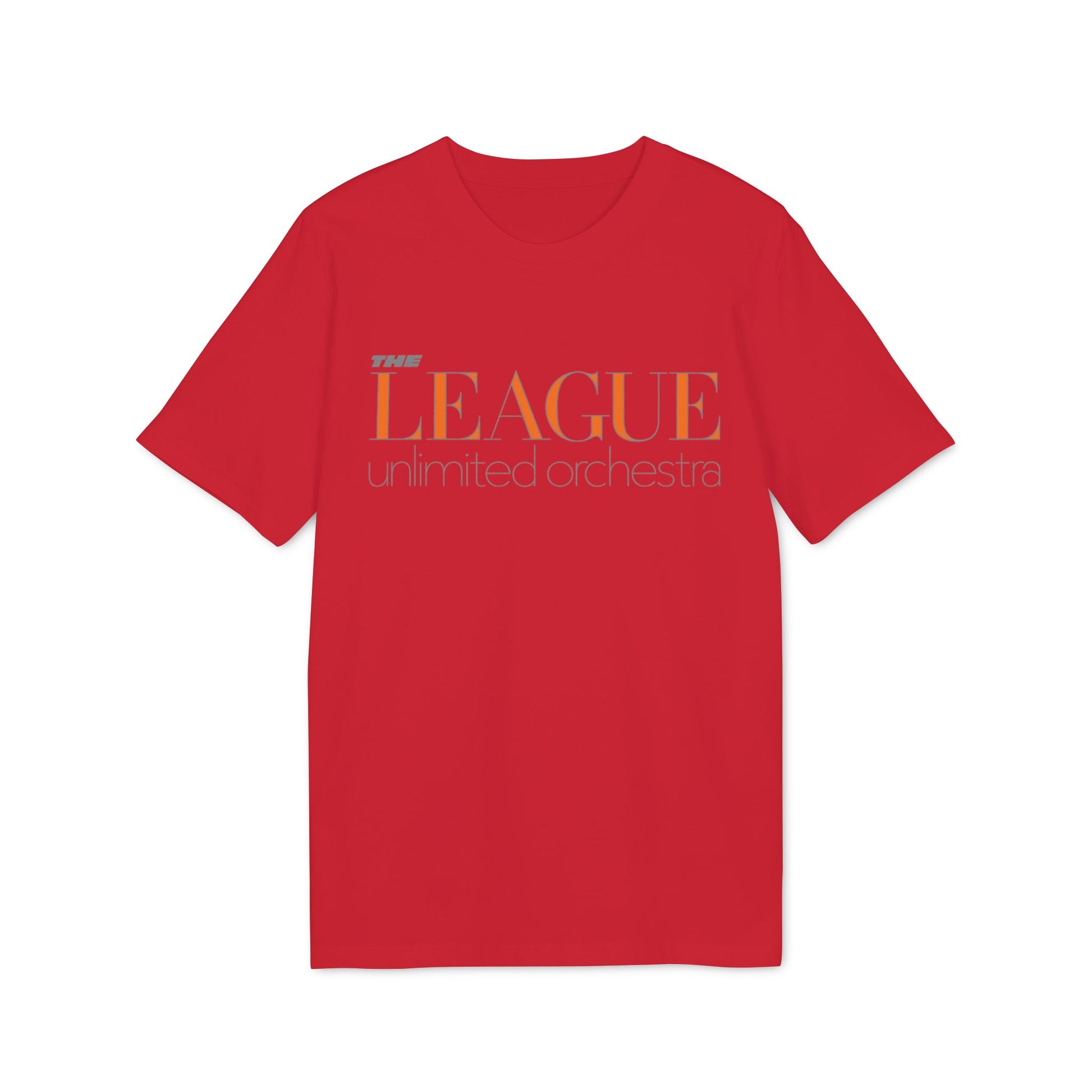 Red t-shirt with "THE LEAGUE unlimited orchestra" text in orange and gray.