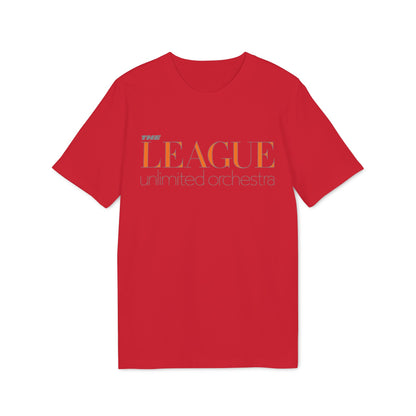Red t-shirt with "THE LEAGUE unlimited orchestra" text in orange and gray.