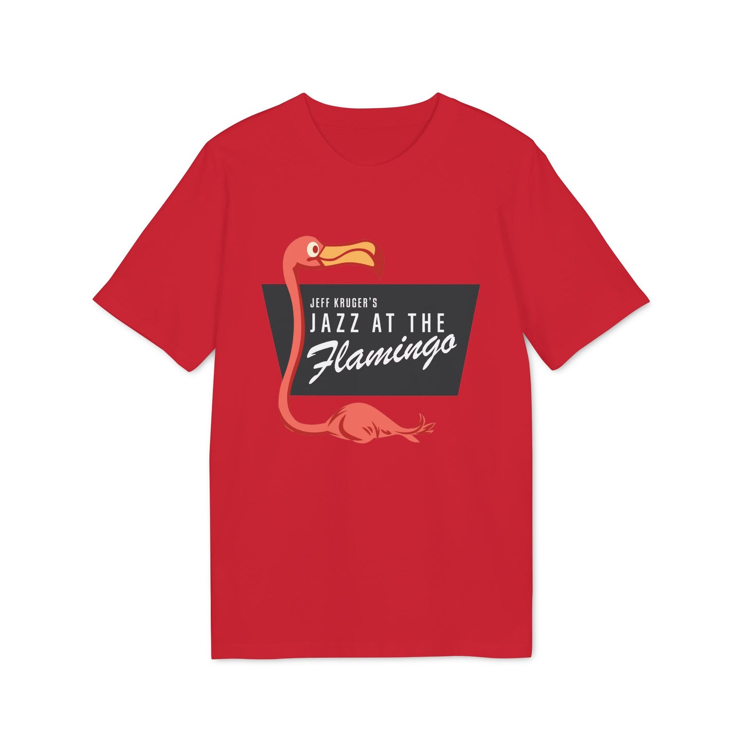 Red t-shirt with a flamingo and "Jeff Kruger's Jazz at the Flamingo" text.