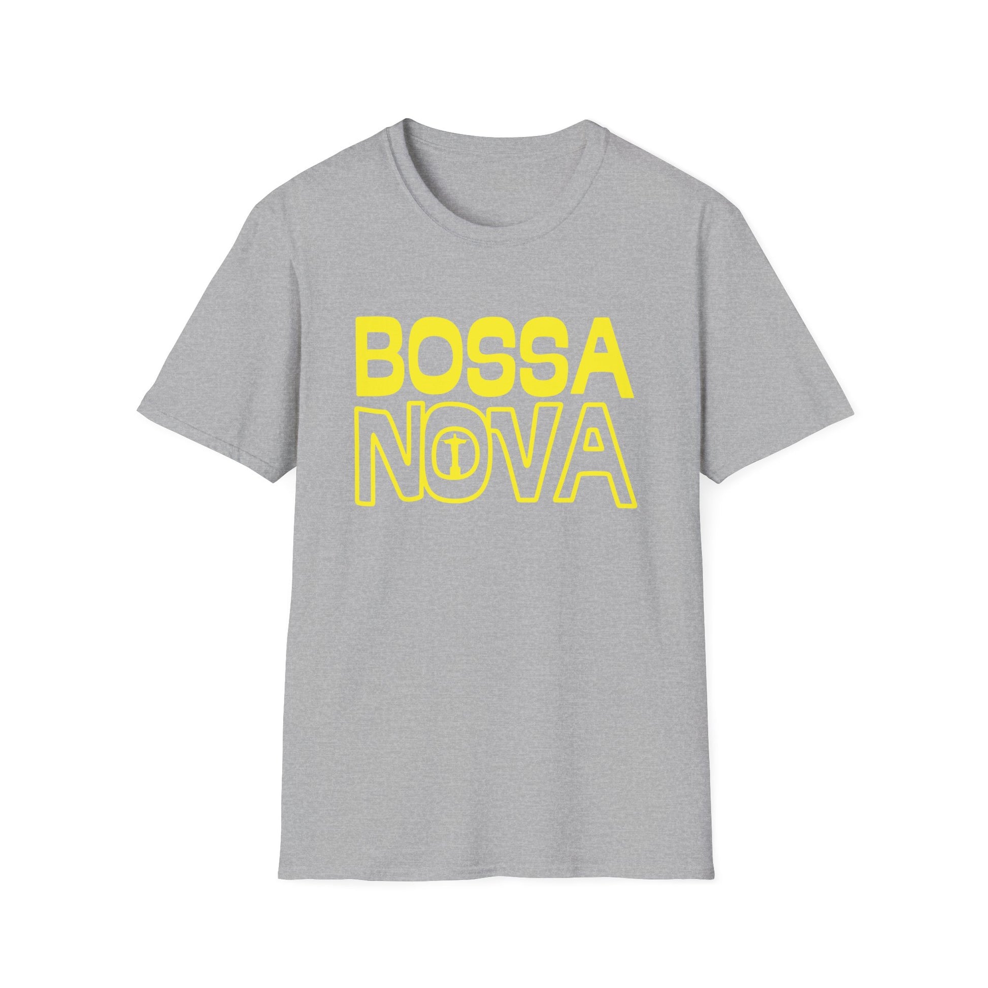Grey t-shirt with yellow "BOSSA NOVA" text and a Christ the Redeemer outline.