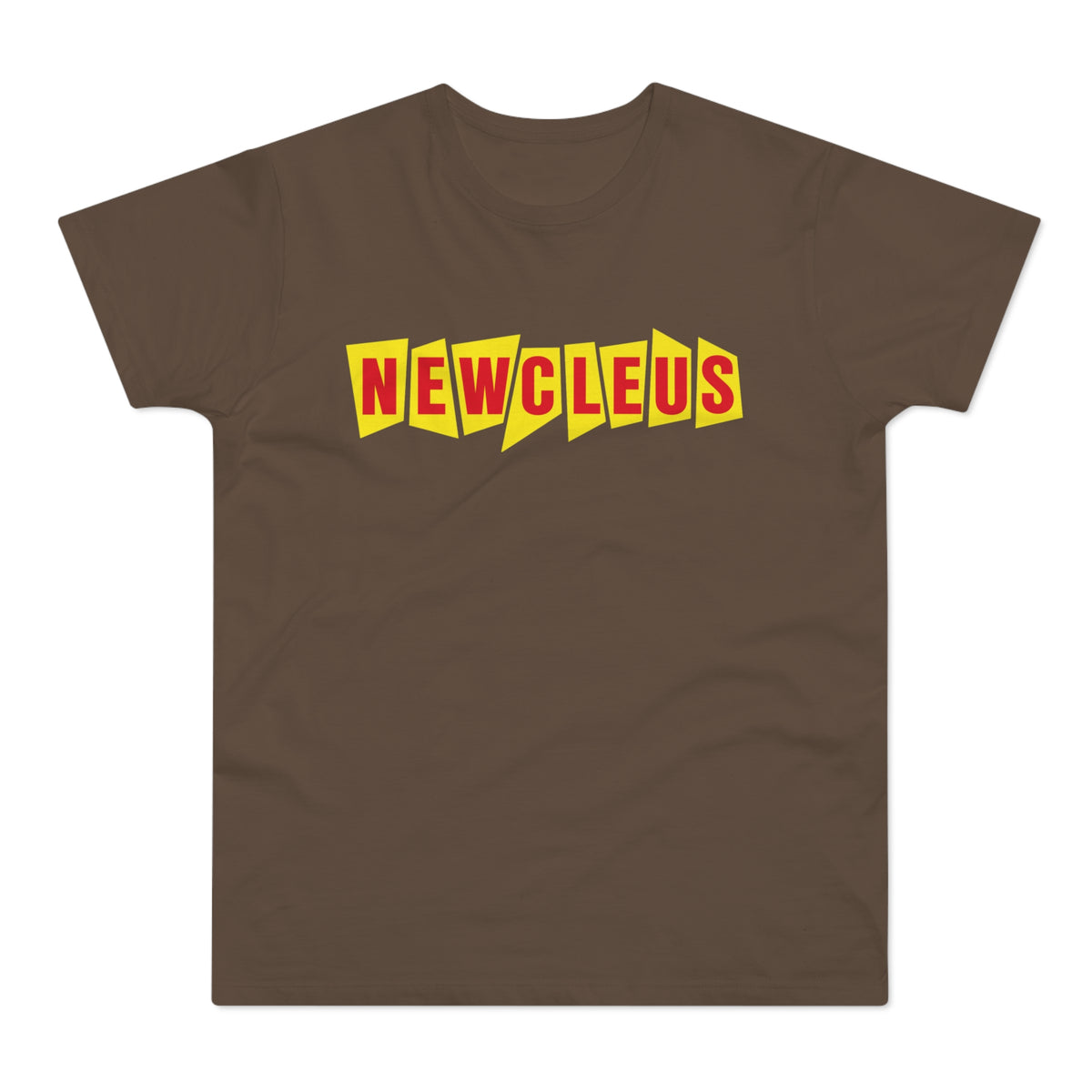 Brown t-shirt with red "NEWCLEUS" text in yellow jagged shapes.