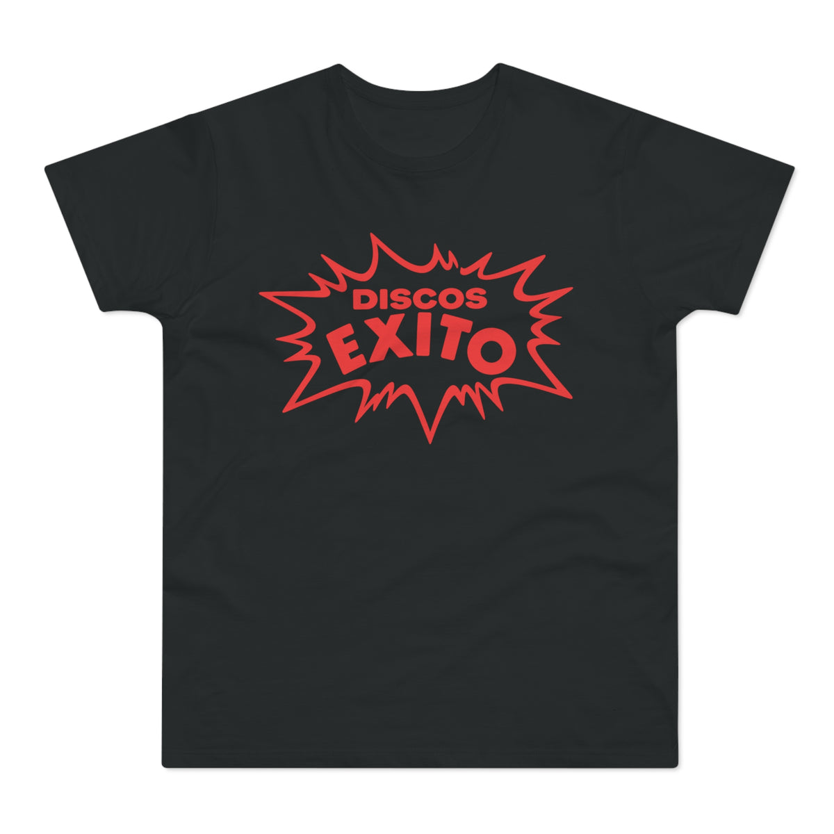 Black t-shirt featuring a red comic book style burst graphic with the text Discos Exito.