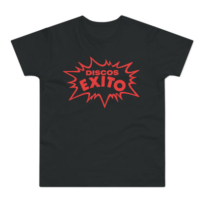 Black t-shirt featuring a red comic book style burst graphic with the text Discos Exito.