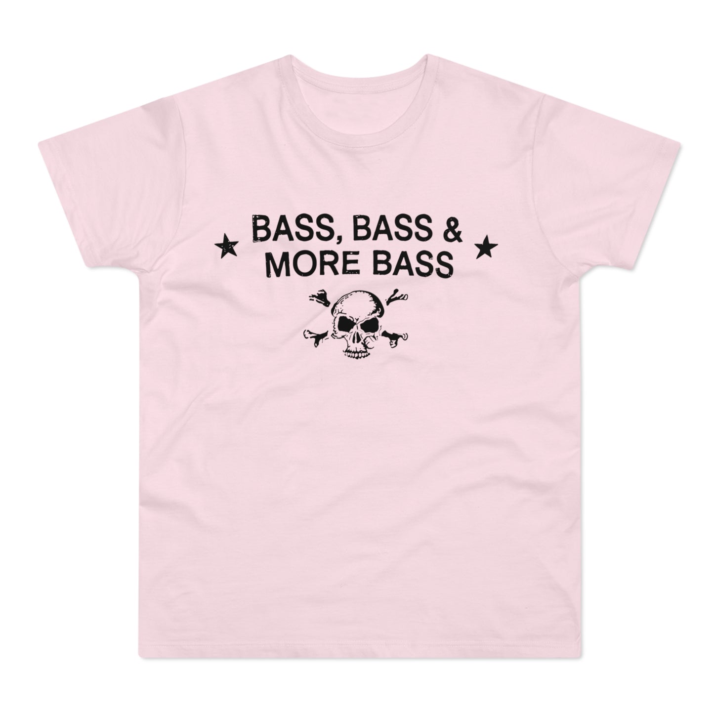 Pink t-shirt with black text "BASS, BASS & MORE BASS" and skull graphic.