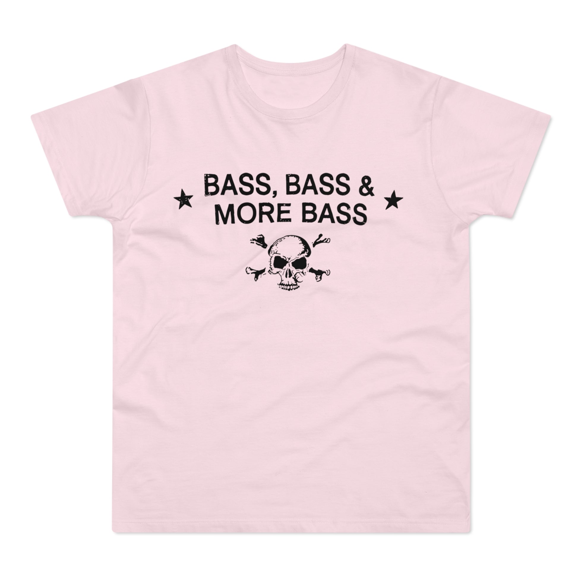 Pink t-shirt with black text "BASS, BASS & MORE BASS" and skull graphic.