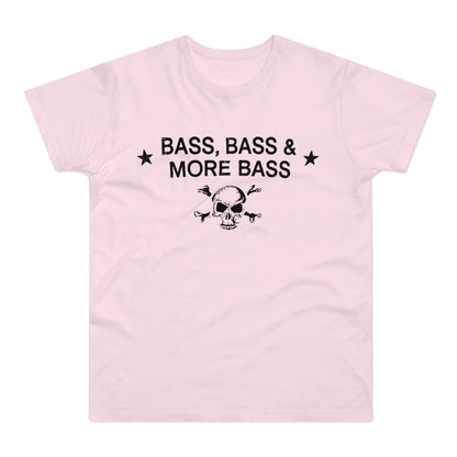 Pink t-shirt with black text "BASS, BASS & MORE BASS" and skull graphic.