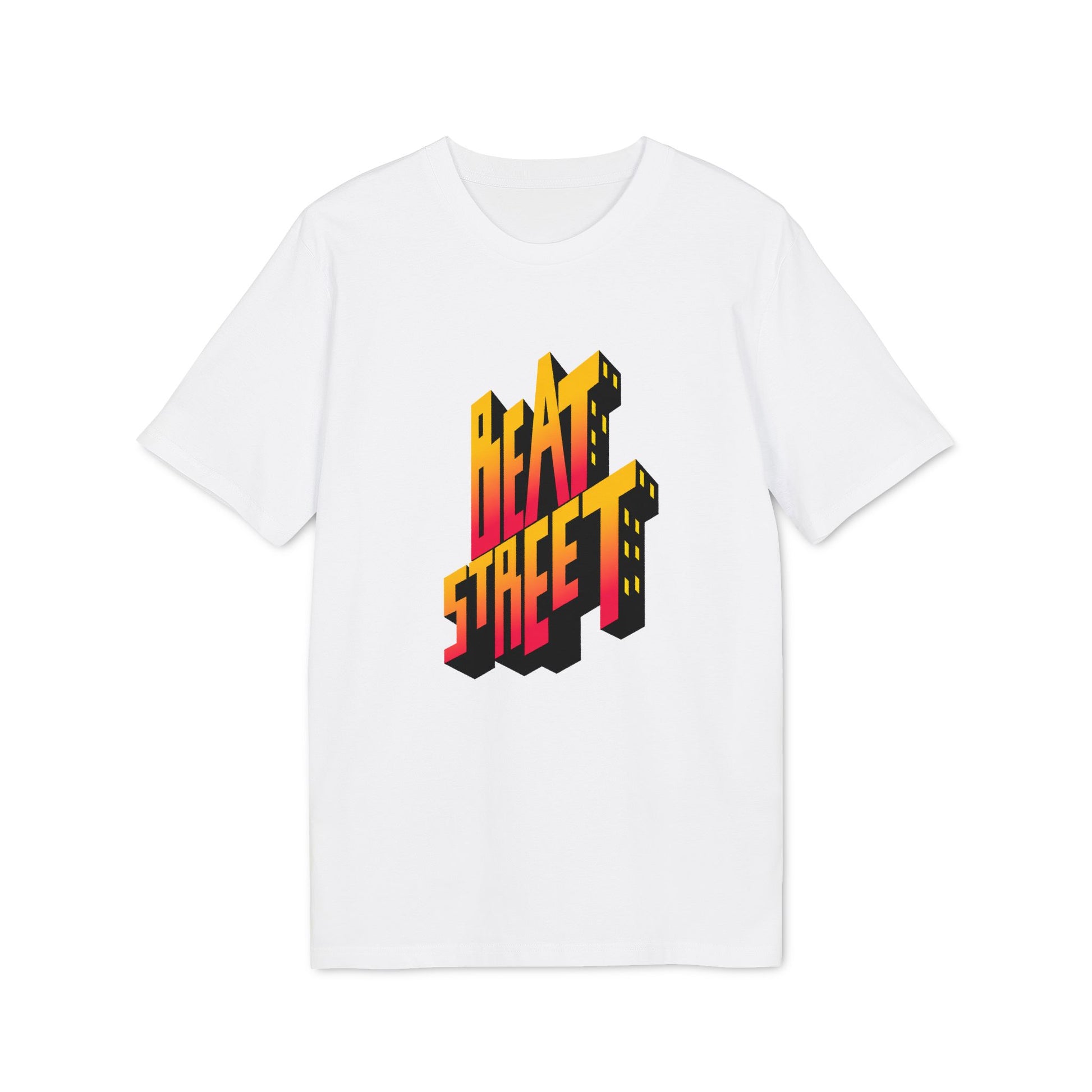 White t-shirt with "BEAT STREET" in neon yellow and red 3D lettering.