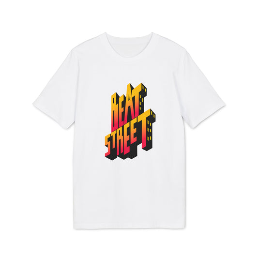 White t-shirt with "BEAT STREET" in neon yellow and red 3D lettering.