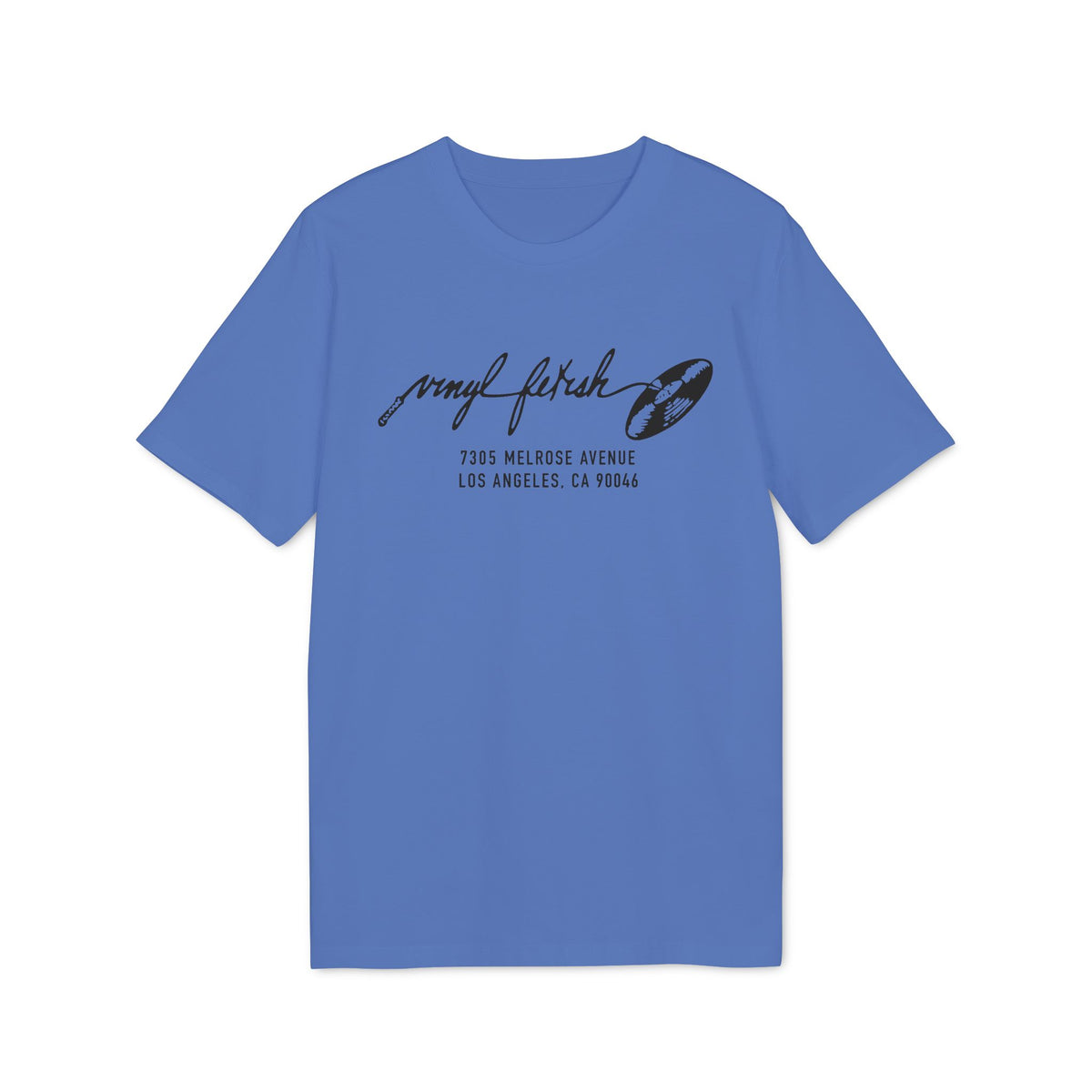 Blue t-shirt with black "vinyl fetish" text and address.