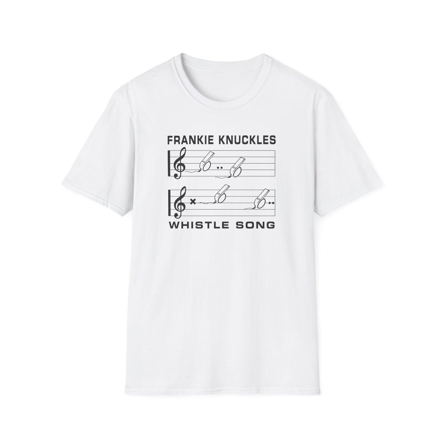 White t-shirt featuring "Whistle Song" with musical notes and whistles.