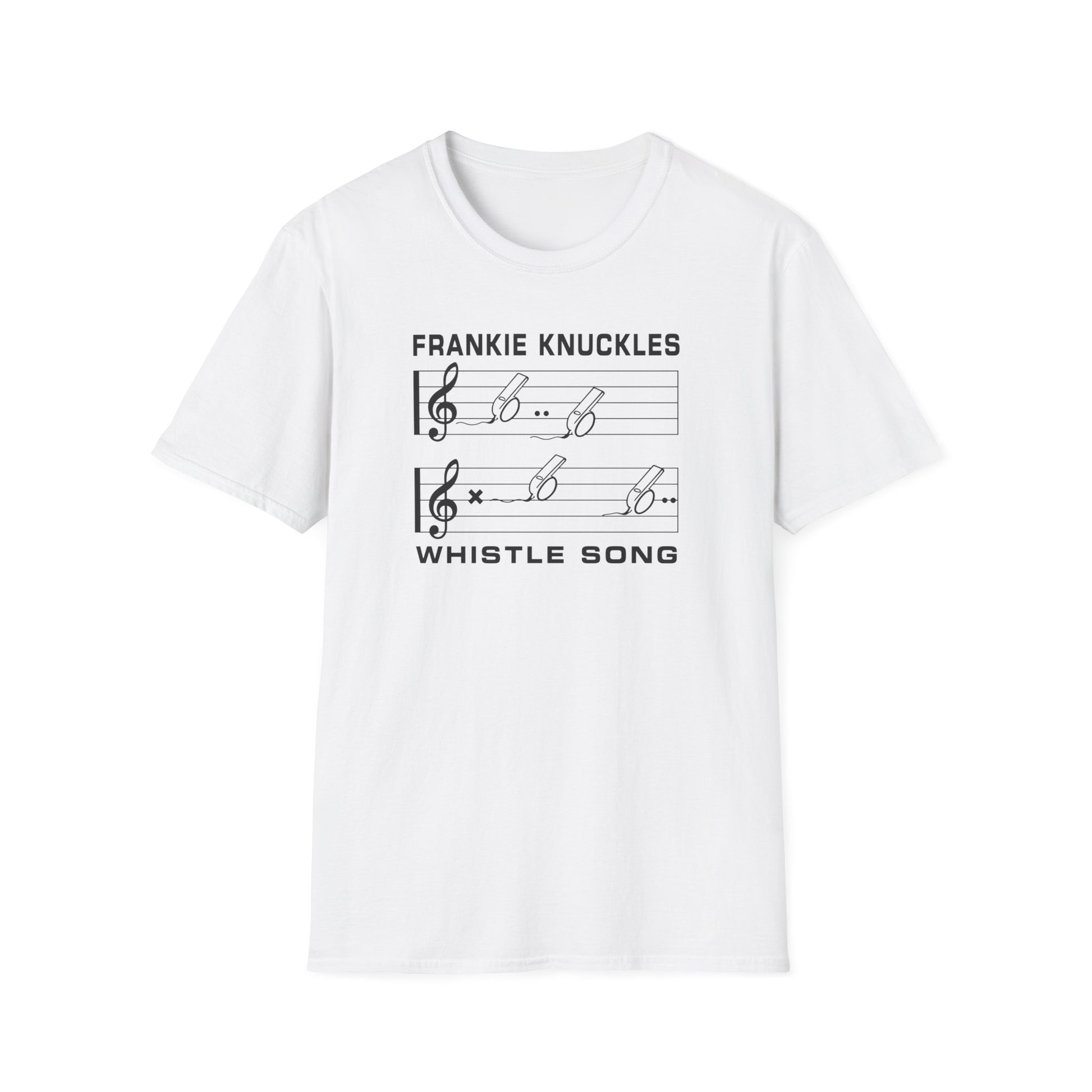 White t-shirt featuring "Whistle Song" with musical notes and whistles.