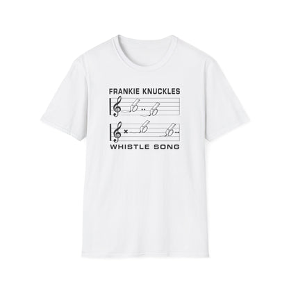 White t-shirt featuring "Whistle Song" with musical notes and whistles.