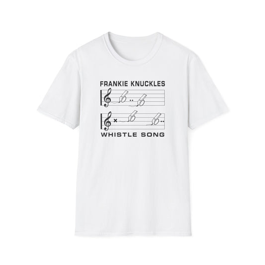 White t-shirt featuring "Whistle Song" with musical notes and whistles.