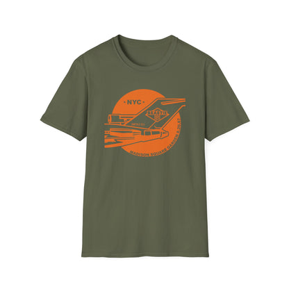 Green t-shirt with orange Beastie Boys NYC Madison Square Garden graphic.