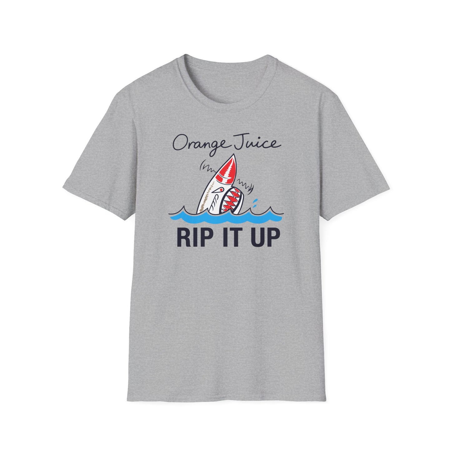 Grey t-shirt with "Orange Juice Rip It Up" text and shark graphic.