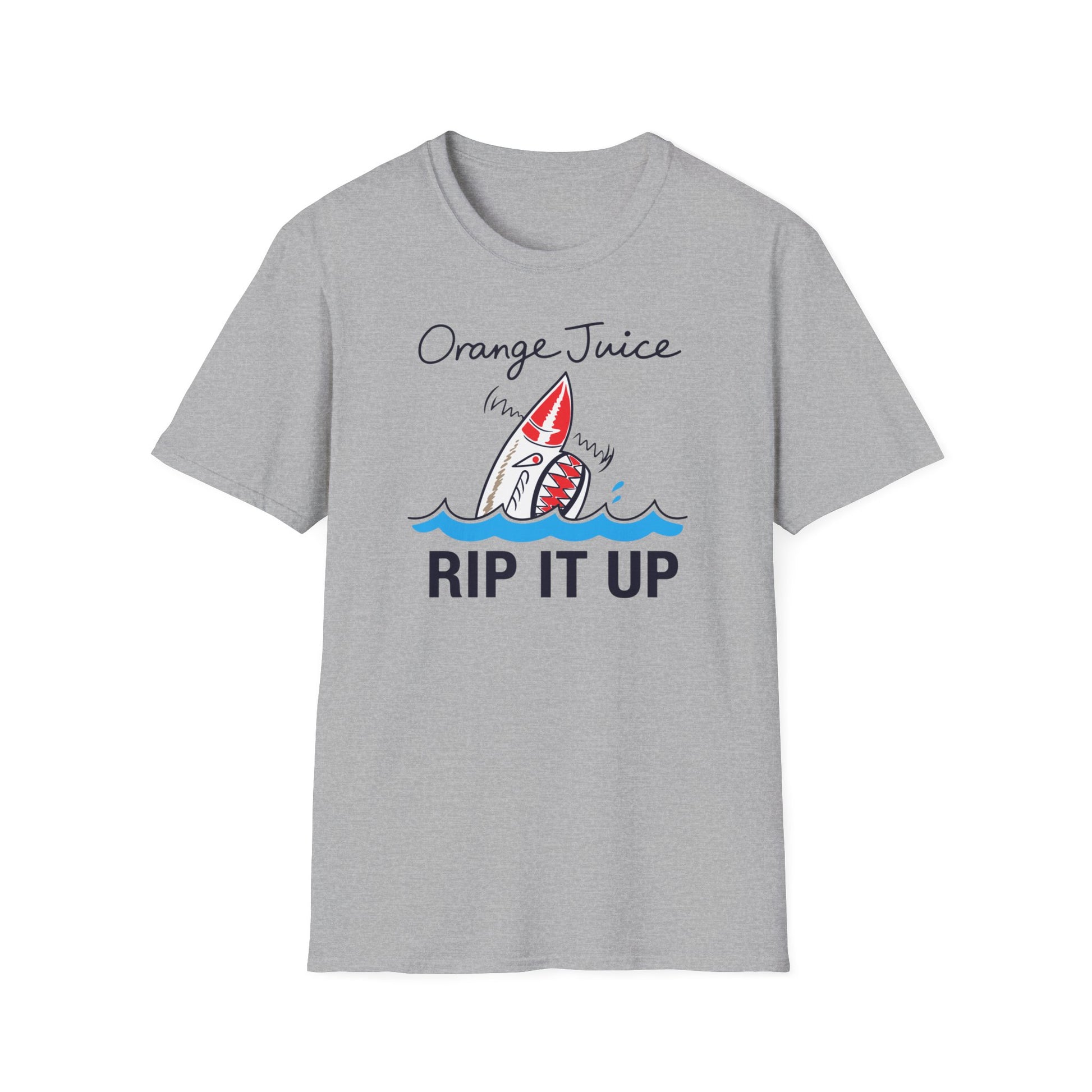 Grey t-shirt with "Orange Juice Rip It Up" text and shark graphic.