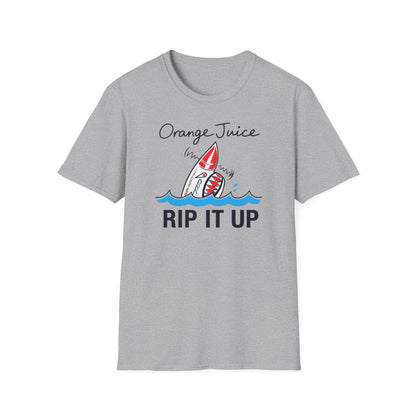 Grey t-shirt with "Orange Juice Rip It Up" text and shark graphic.