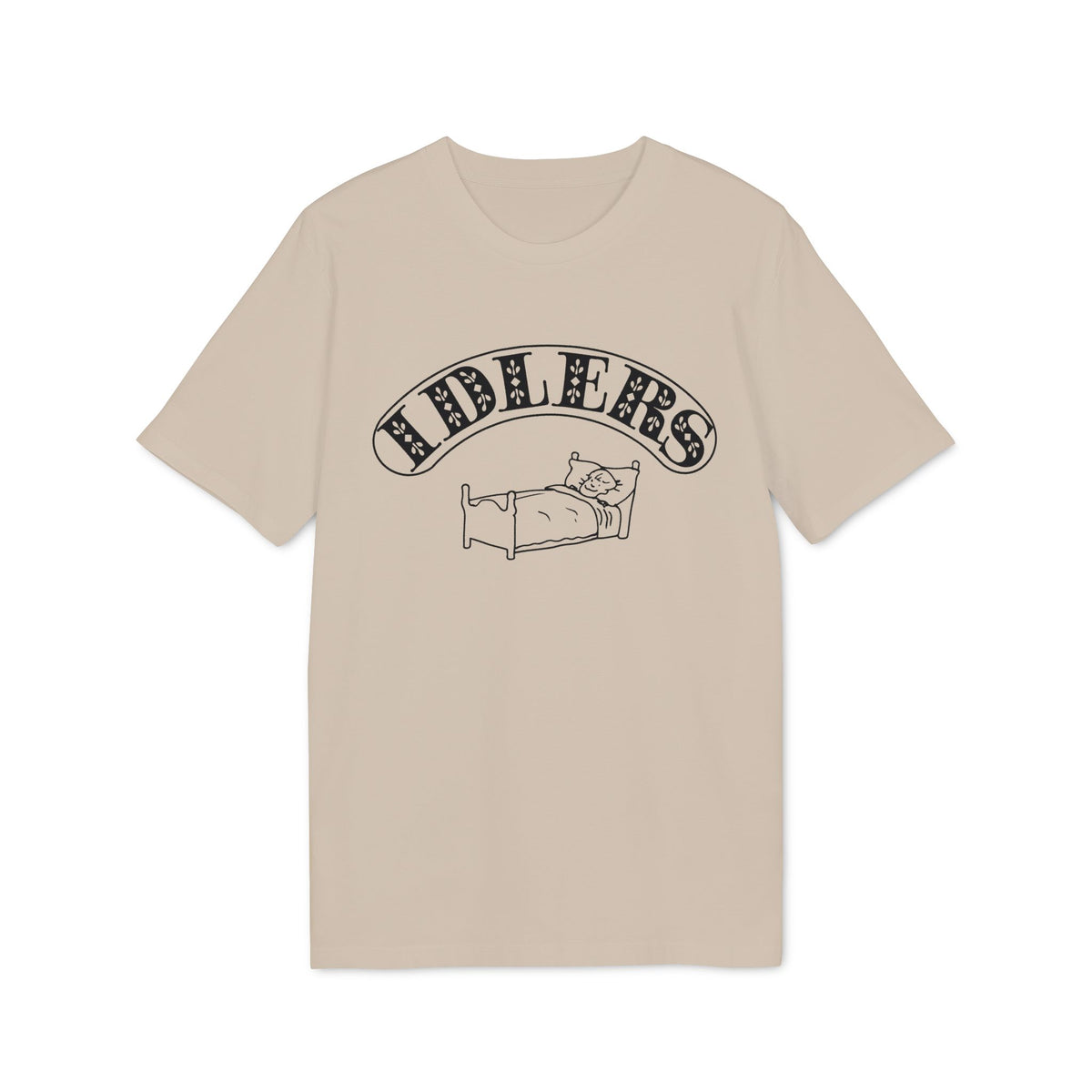 A beige short-sleeve t-shirt with black text that reads IDLERS above a sleeping figure in a bed.