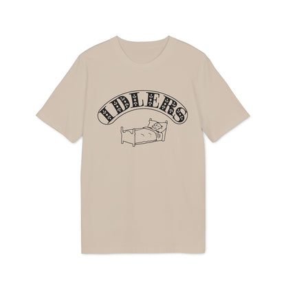 A beige short-sleeve t-shirt with black text that reads IDLERS above a sleeping figure in a bed.