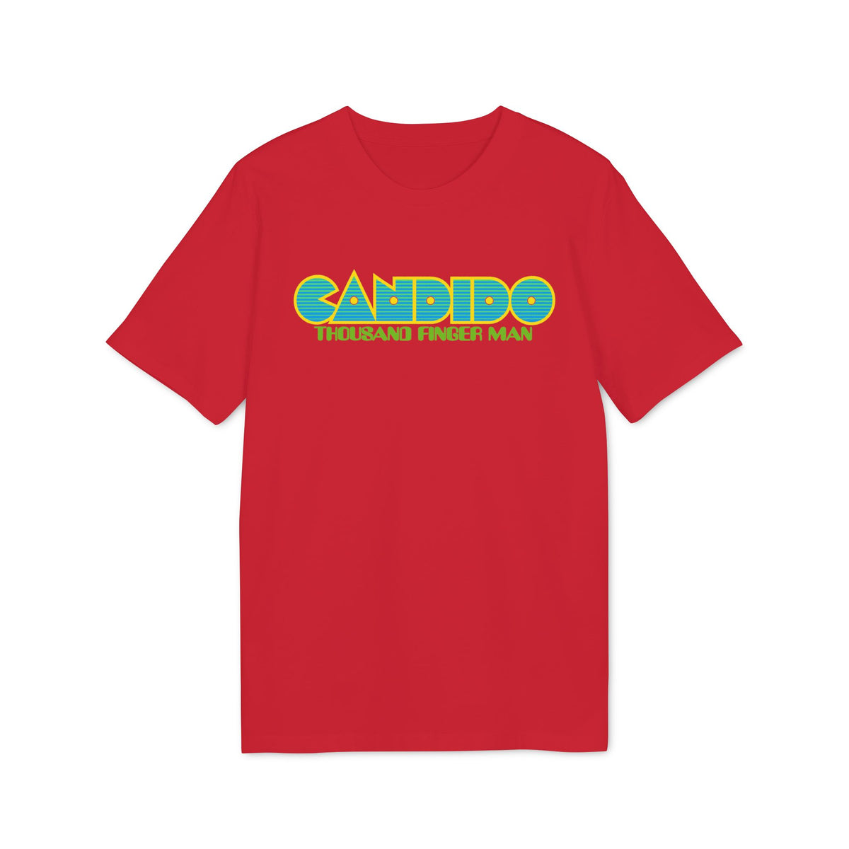 A flat-lay red t-shirt with multicolored text reading "CANDIDO THOUSAND FINGER MAN" centered on the chest.