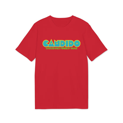 A flat-lay red t-shirt with multicolored text reading "CANDIDO THOUSAND FINGER MAN" centered on the chest.