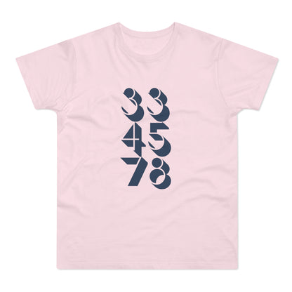 Pink t-shirt with dark blue abstract numbers 334578 graphic.