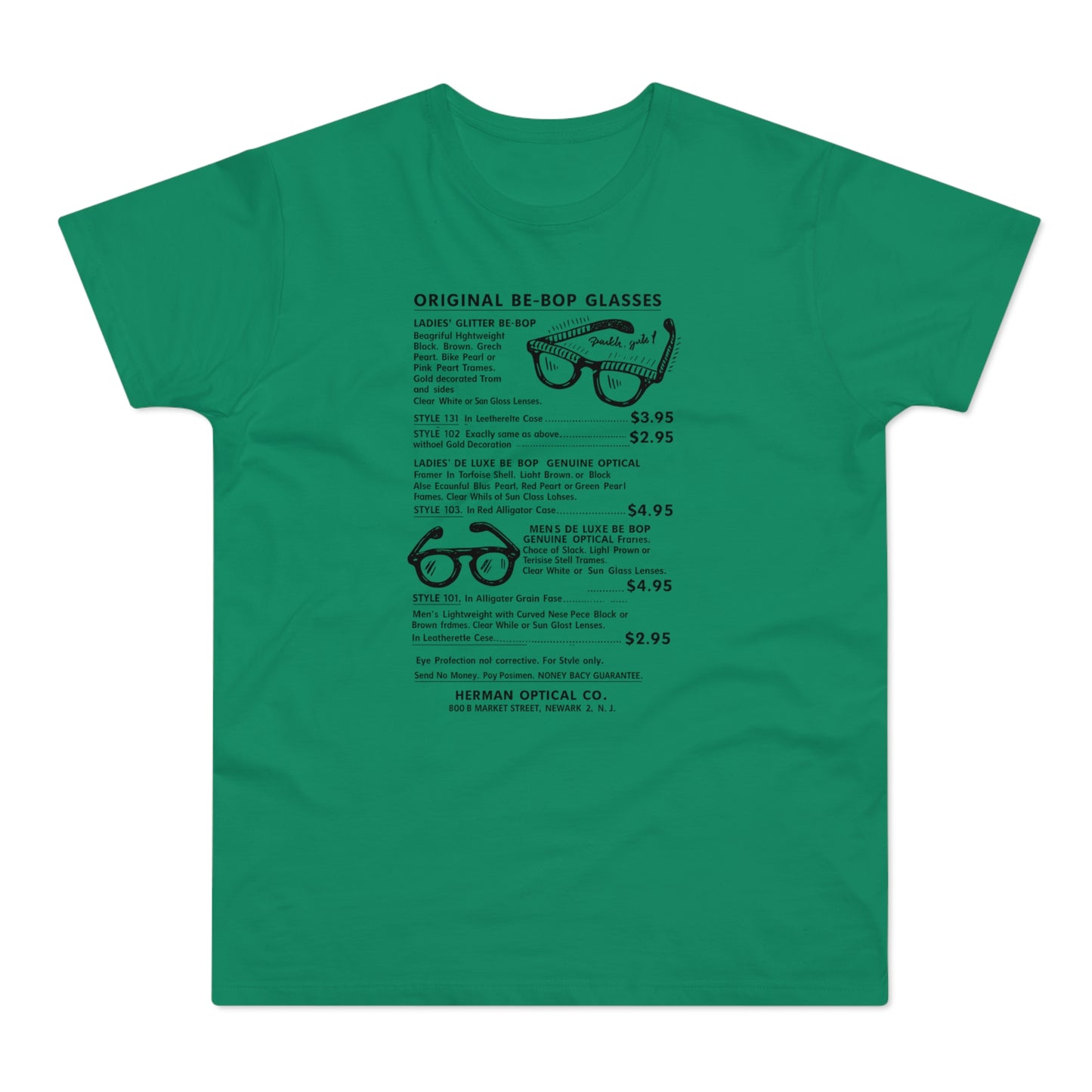 Herman Optical Co. ad for be-bop glasses, including styles and prices.