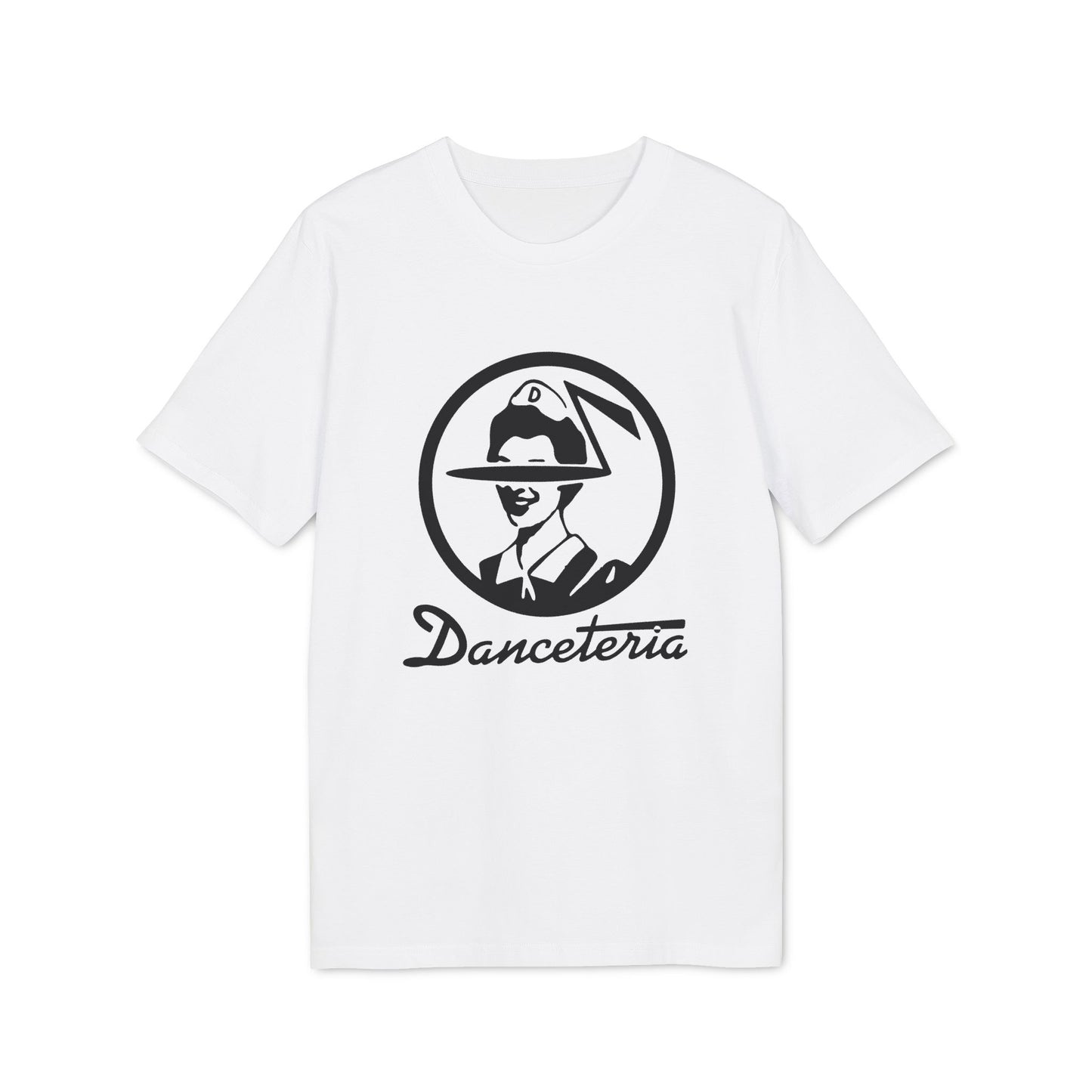 White t-shirt with black "Danceteria" text and circular logo of a person.