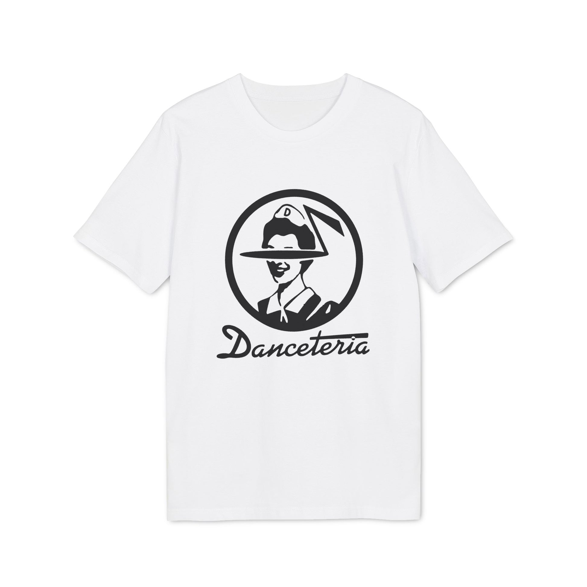 White t-shirt with black "Danceteria" text and circular logo of a person.