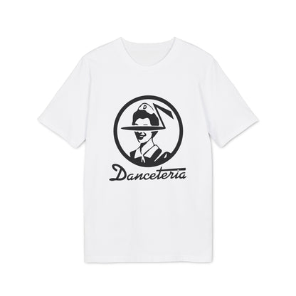 White t-shirt with black "Danceteria" text and circular logo of a person.