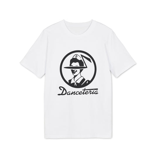 White t-shirt with black "Danceteria" text and circular logo of a person.