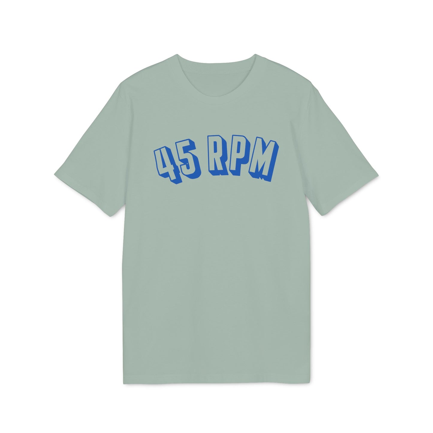 Light green t-shirt with blue 45 RPM graphic text.