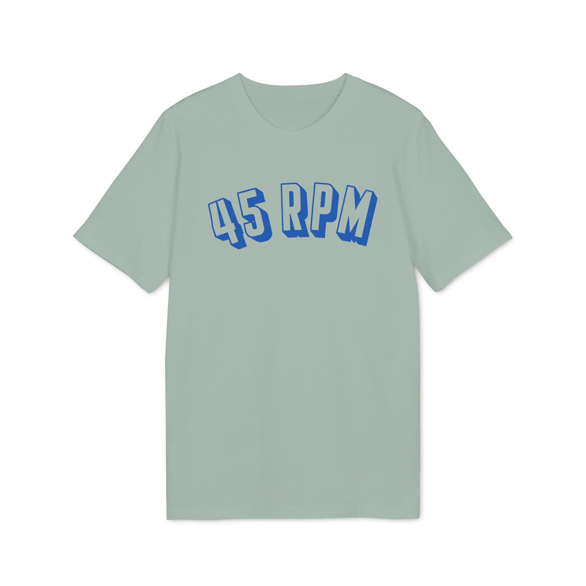 Light green t-shirt with blue 45 RPM graphic text.