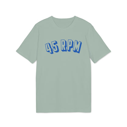 Light green t-shirt with blue 45 RPM graphic text.
