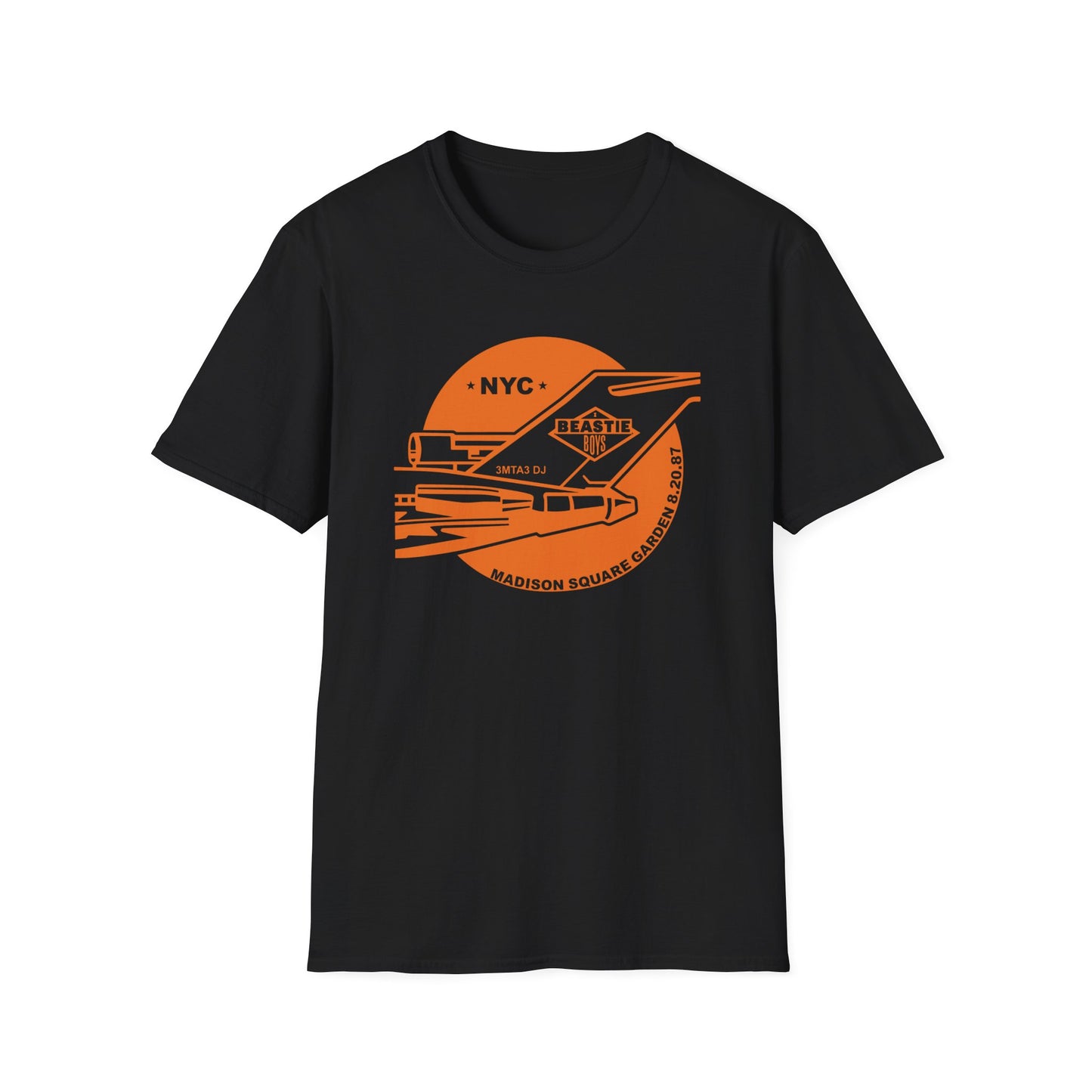 Black t-shirt with orange graphic of NYC, and Madison Square Garden 8.20.87.