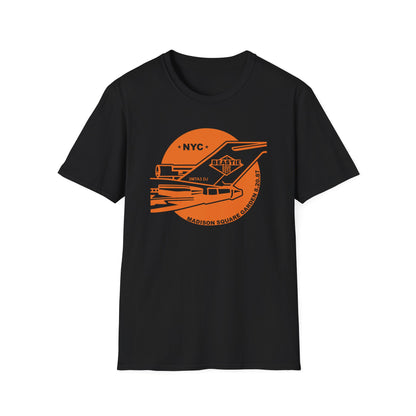 Black t-shirt with orange graphic of NYC, and Madison Square Garden 8.20.87.