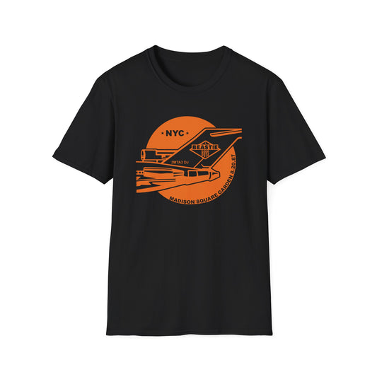 Black t-shirt with orange graphic of NYC, and Madison Square Garden 8.20.87.