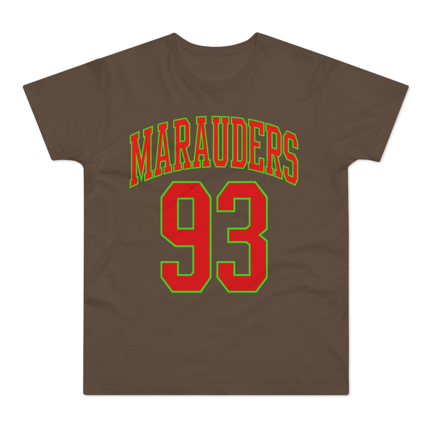 Brown t-shirt with "MARAUDERS" in red and green, and "93" in red and green.