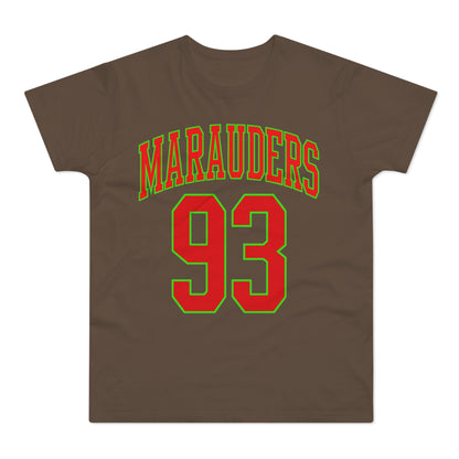 Brown t-shirt with "MARAUDERS" in red and green, and "93" in red and green.