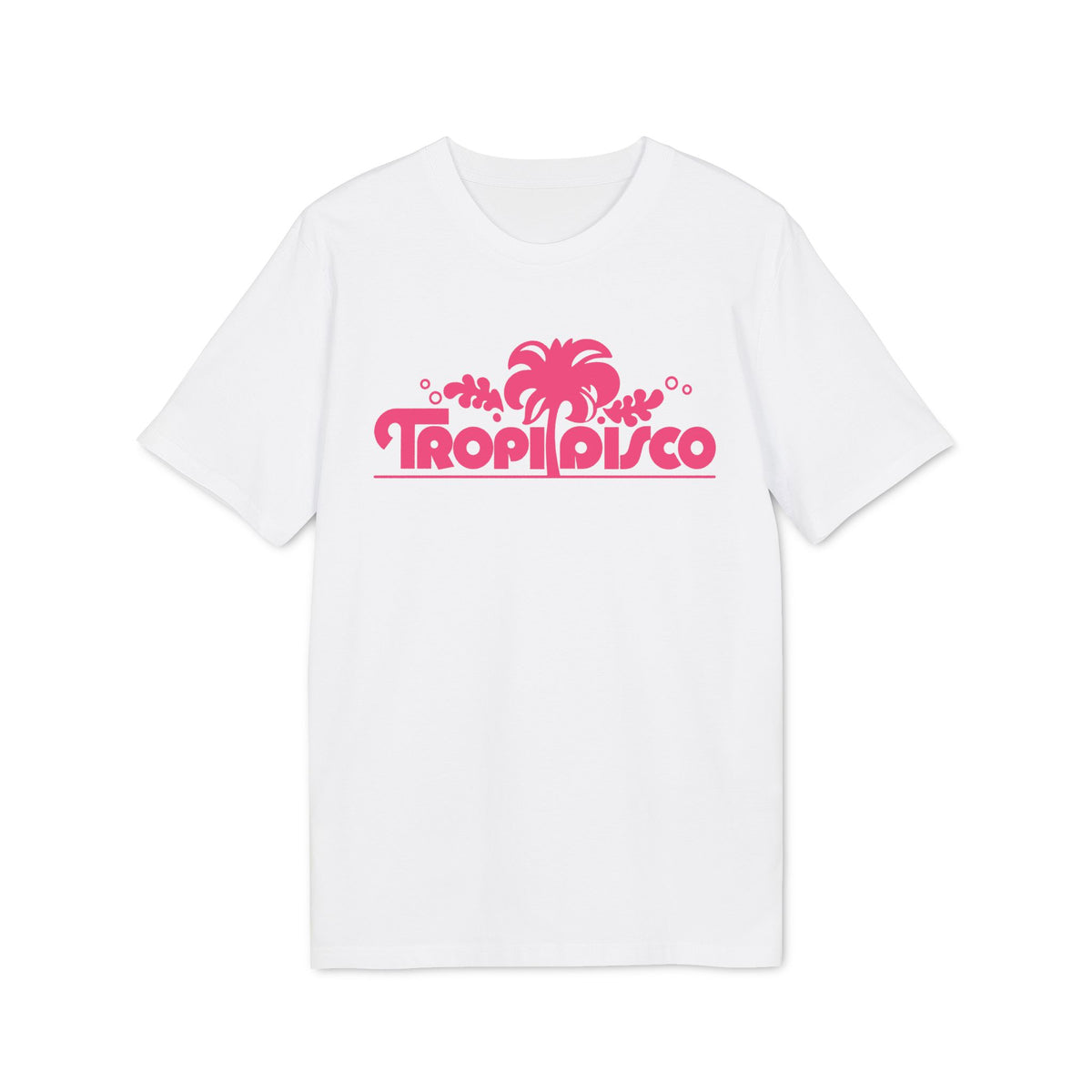 A white short-sleeved t-shirt featuring a pink graphic of a palm tree and the text Tropi Disco.