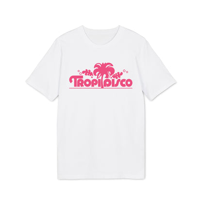 A white short-sleeved t-shirt featuring a pink graphic of a palm tree and the text Tropi Disco.