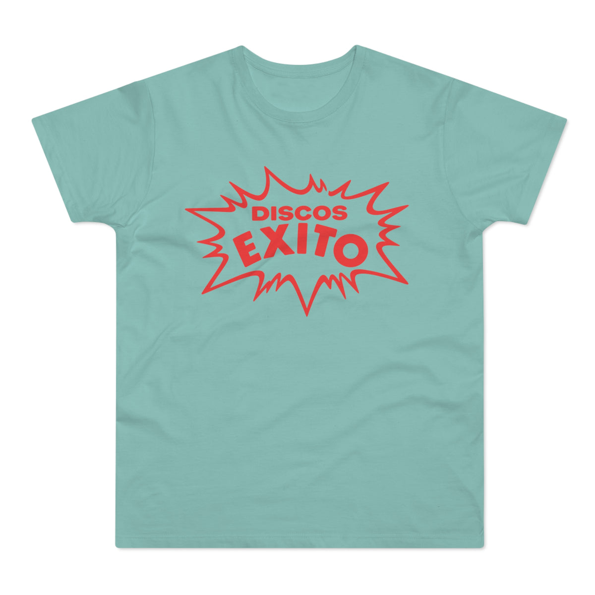 Teal t-shirt with red "Discos Exito" text in a starburst graphic.