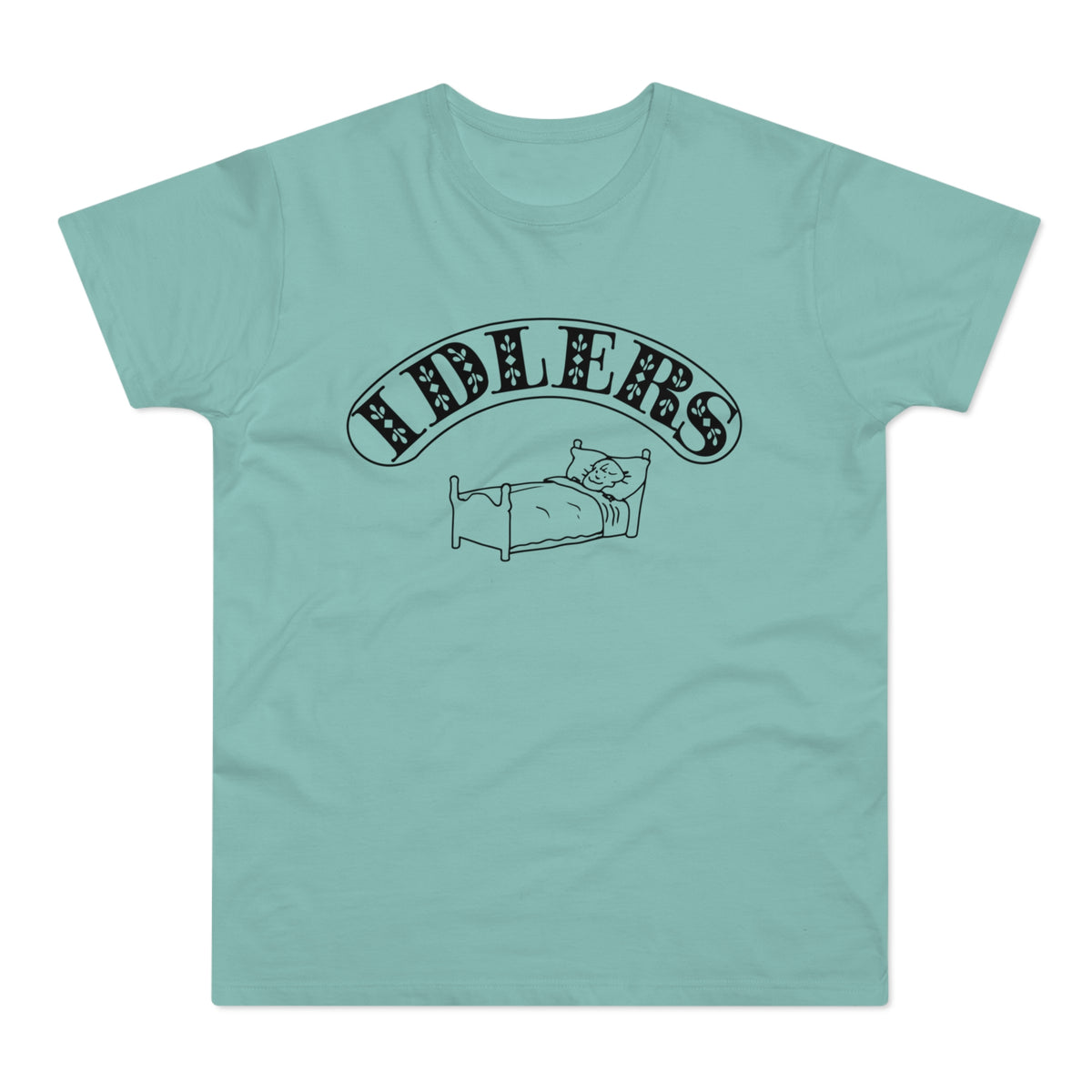 Teal t-shirt with black graphic of a sleeping cat and "FIDLERS" text.
