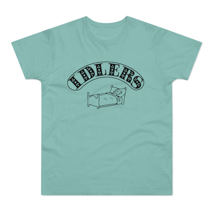 Teal t-shirt with black graphic of a sleeping cat and "FIDLERS" text.