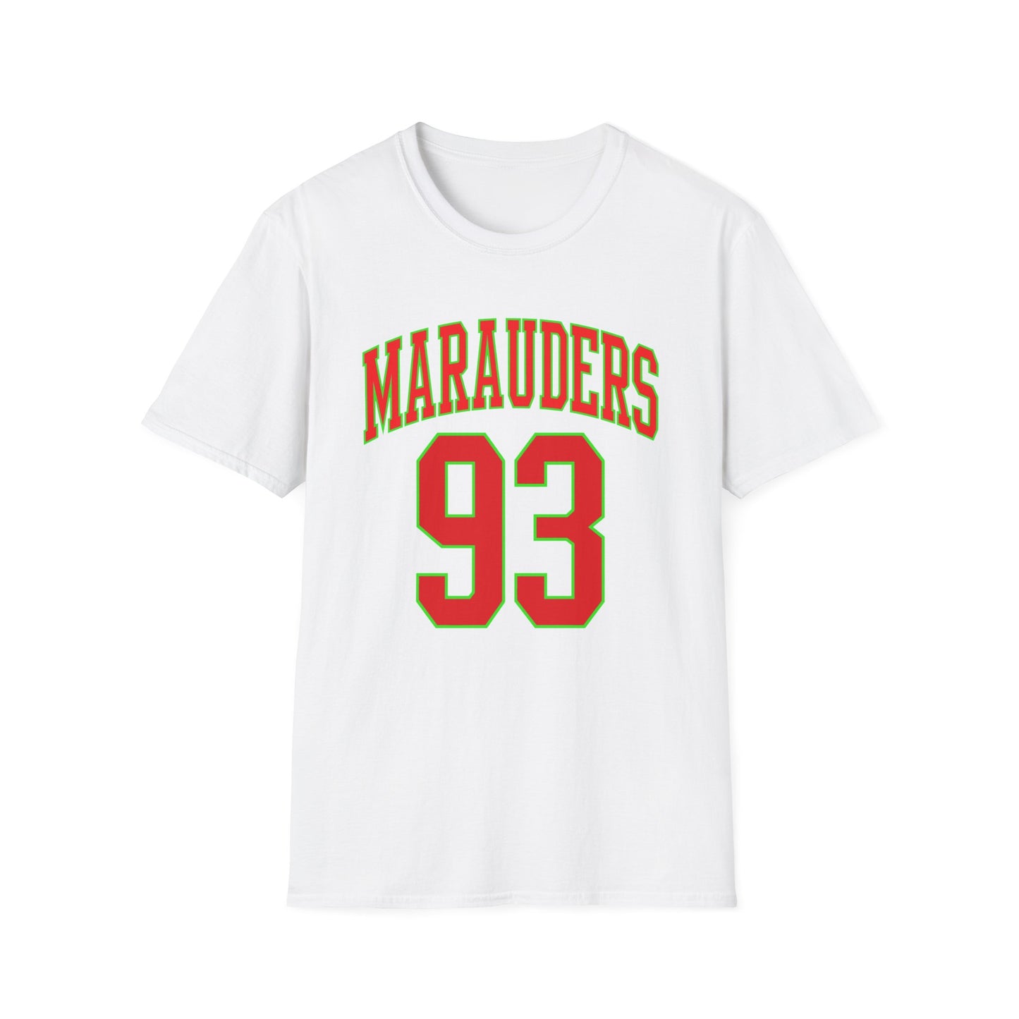 White t-shirt with green and red "MARAUDERS 93" text.
