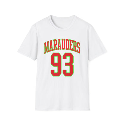 White t-shirt with green and red "MARAUDERS 93" text.