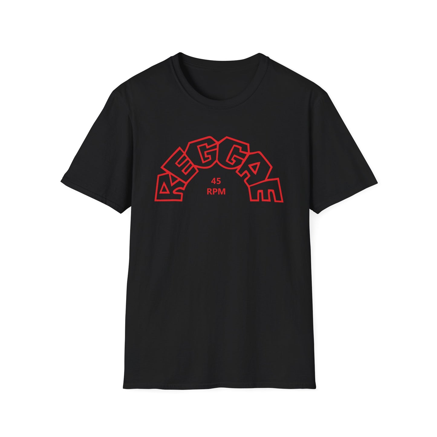 Black t-shirt with red "REGGAE 45 RPM" vinyl record graphic.