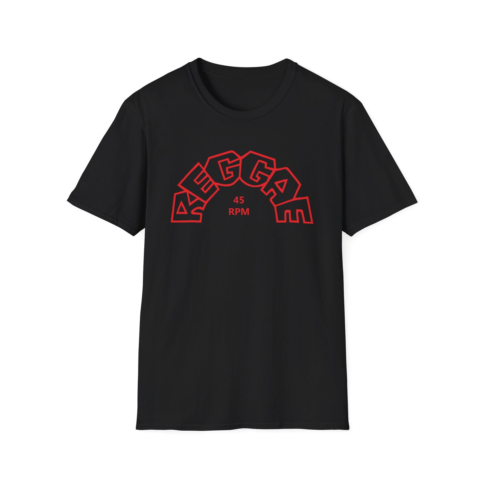 Black t-shirt with red "REGGAE 45 RPM" vinyl record graphic.